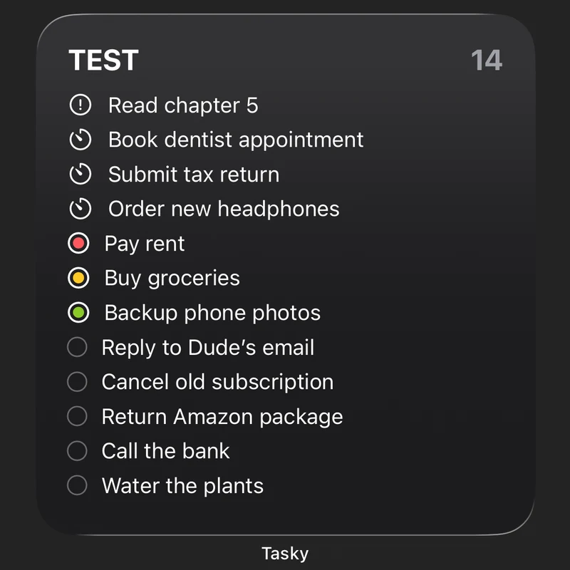 Tasky widget on an iOS home screen showing a full prioritised task list
